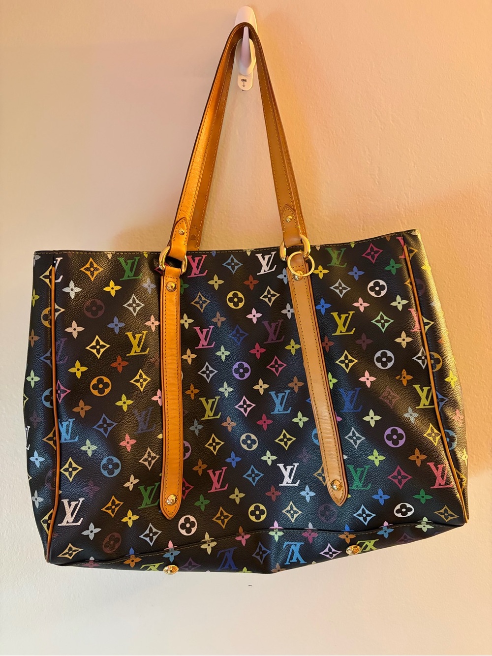Multicolor Monogram Tote Bag with Tan Leather Straps - Picture 2 of 6